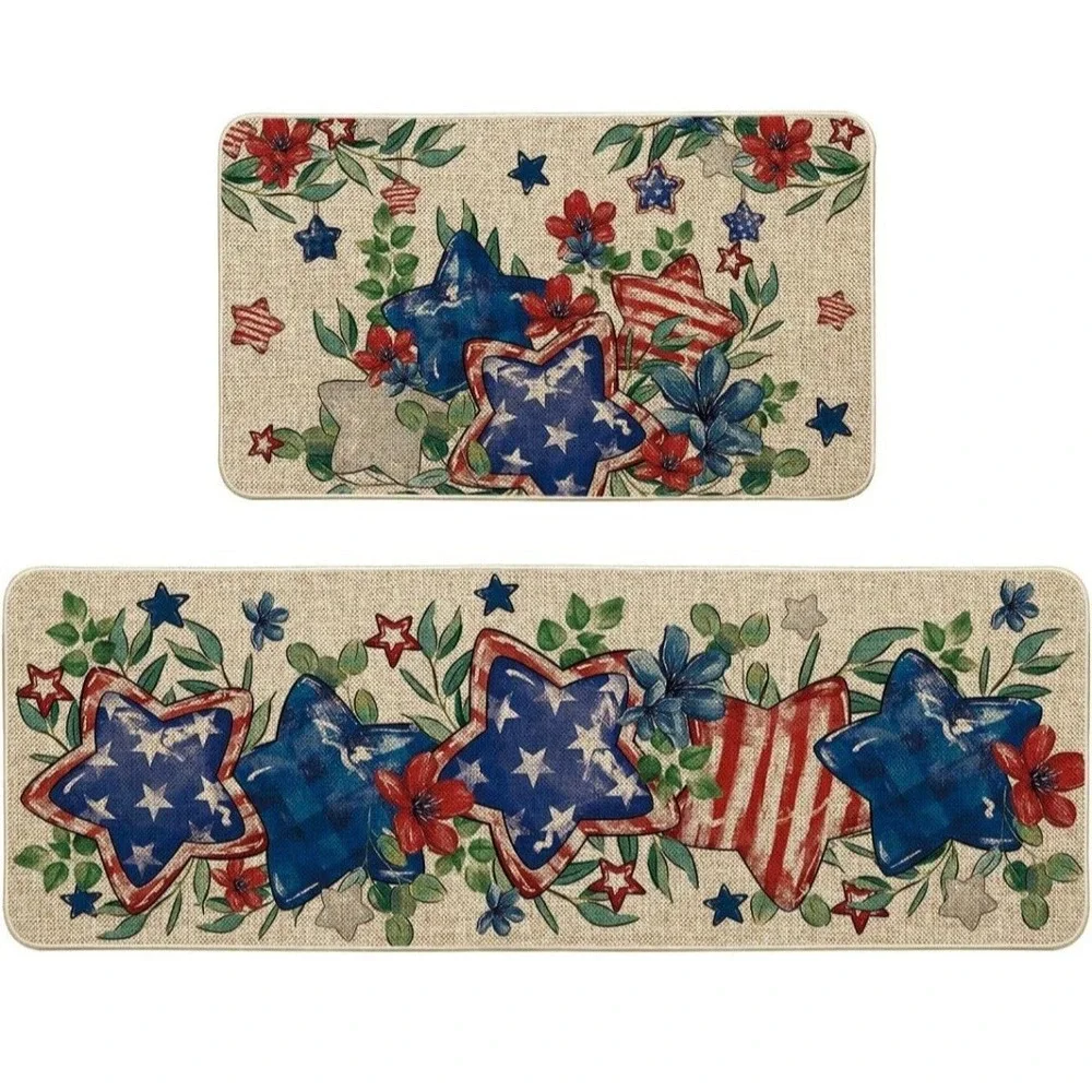 Eucalyptus Flowers Stars Patriotic 4th of July Kitchen Mats Set of 2, Memorial